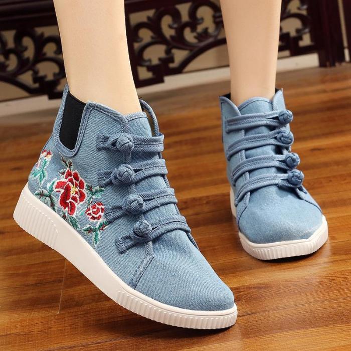 Light Blue Winter Buckle Canvas Flat Heel Embroidery Boots