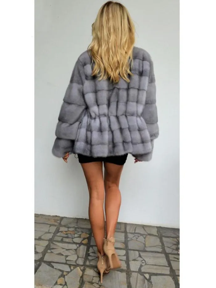 Plus Size Stand Collar Thick Faux Mink Fur Leather Parka Jacket Peacoat