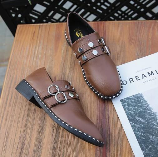 Brown Spring/Fall PU Chunky Heel Daily Adjustable Buckle Loafers