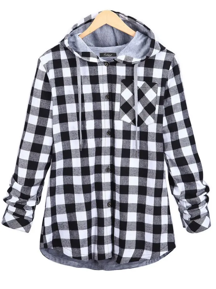 Casual Long Sleeve Hooded Plaid Plus Size Coat
