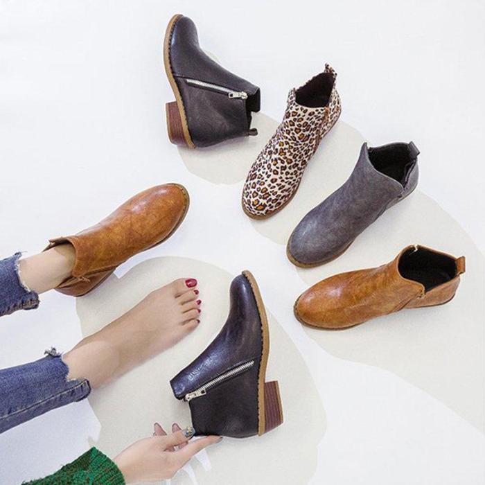 Women Ankle Boots Casual Chic Zipper Boots Artificial Leather Leopard Booties
