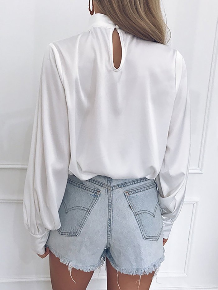 Chiffon Turtle Neck Solid Casual Blouses & Shirt