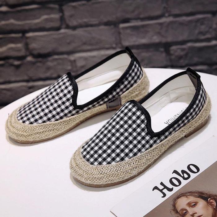 Women Canvas Loafers Casual Slip On Flat Plaid Shoes