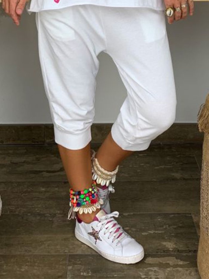 White Pockets Casual Cotton-Blend Solid Pants