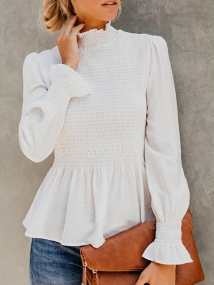 Women's Fashion Solid Chiffon Turtle Neck Solid Shirred Long Sleeve Blouses