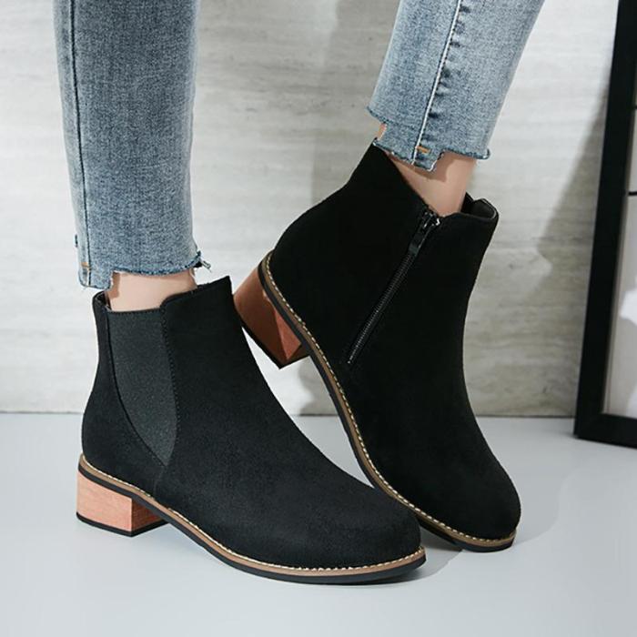 Women Flocking Booties Casual Comfort Zipper Chunky Heel Shoes