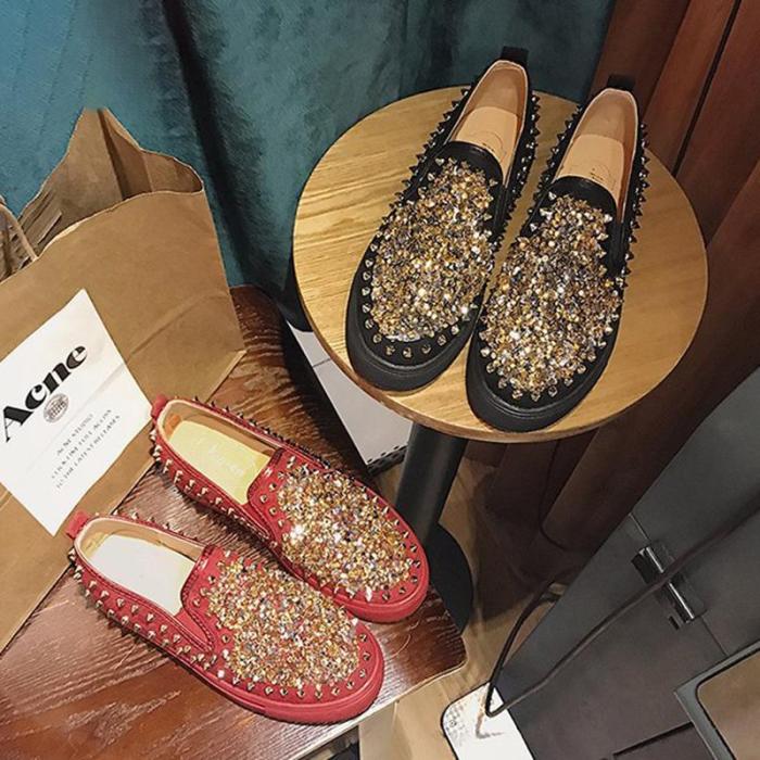 Red PU Spring/Fall Rhinestone Loafers