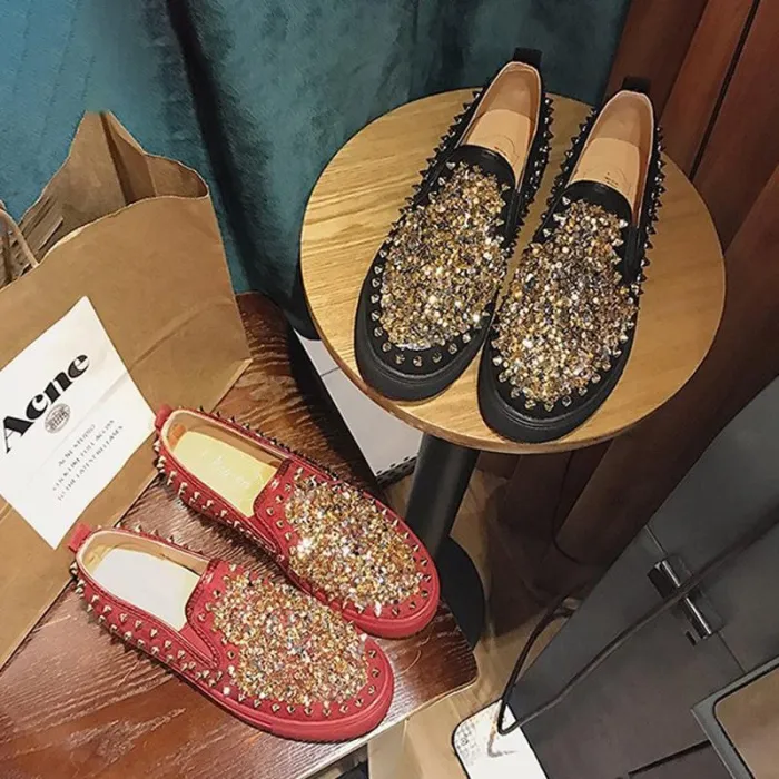 Red PU Spring/Fall Rhinestone Loafers