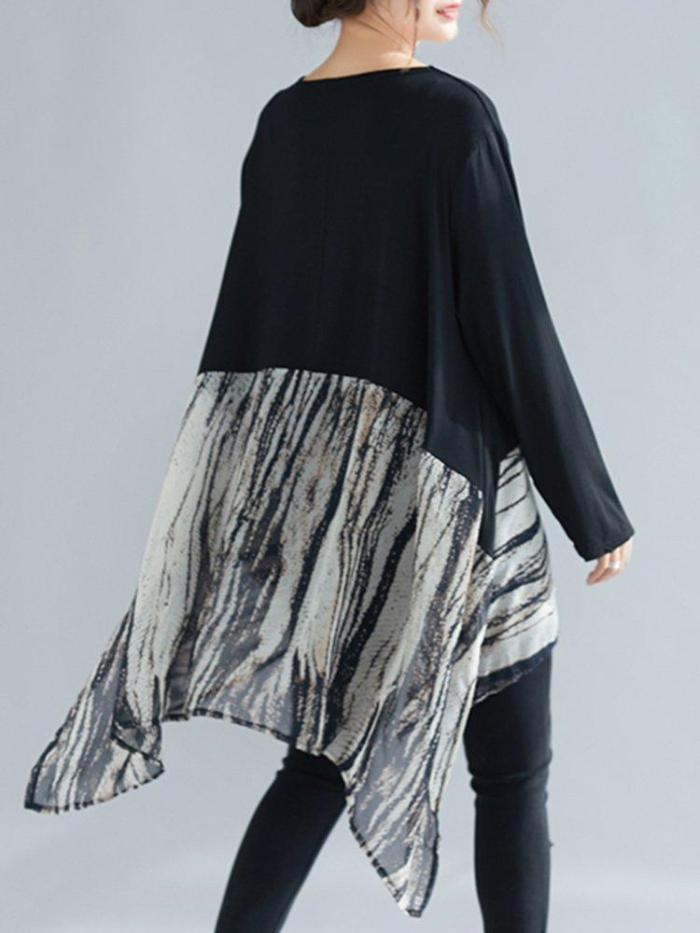 Patchwork Crew Neck Long Sleeve Loose Blouse