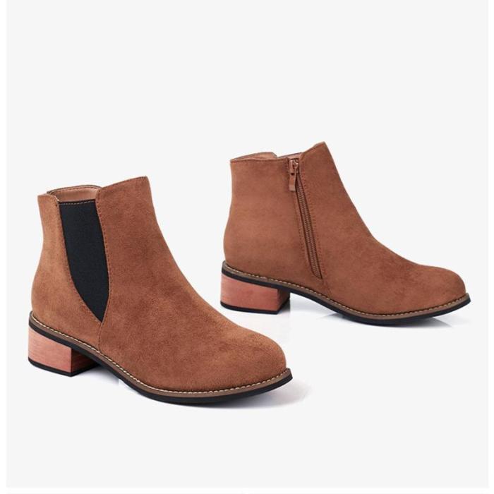 Women Flocking Booties Casual Comfort Zipper Chunky Heel Shoes