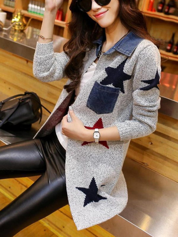 Star Wool Blend Patchwork Pockets Long Sleeve Cardigans