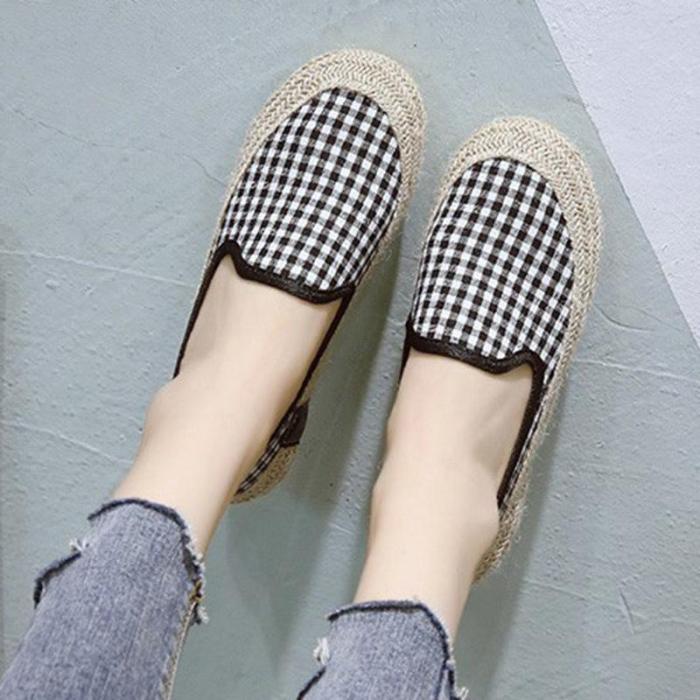 Women Canvas Loafers Casual Slip On Flat Plaid Shoes
