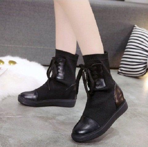 Black Spring/Fall Lace-up Daily Platform Flyknit Fabric Boots