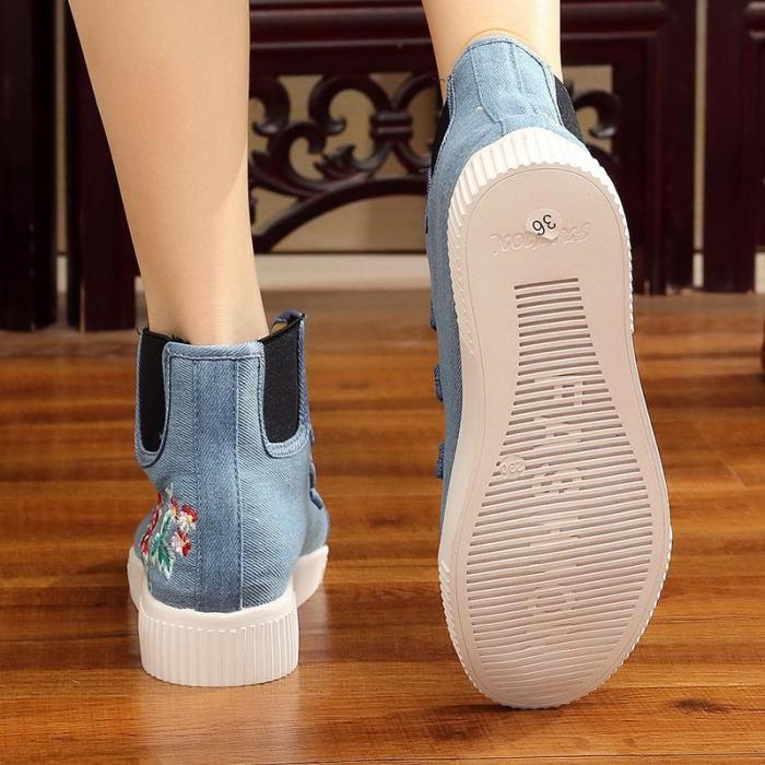 Light Blue Winter Buckle Canvas Flat Heel Embroidery Boots