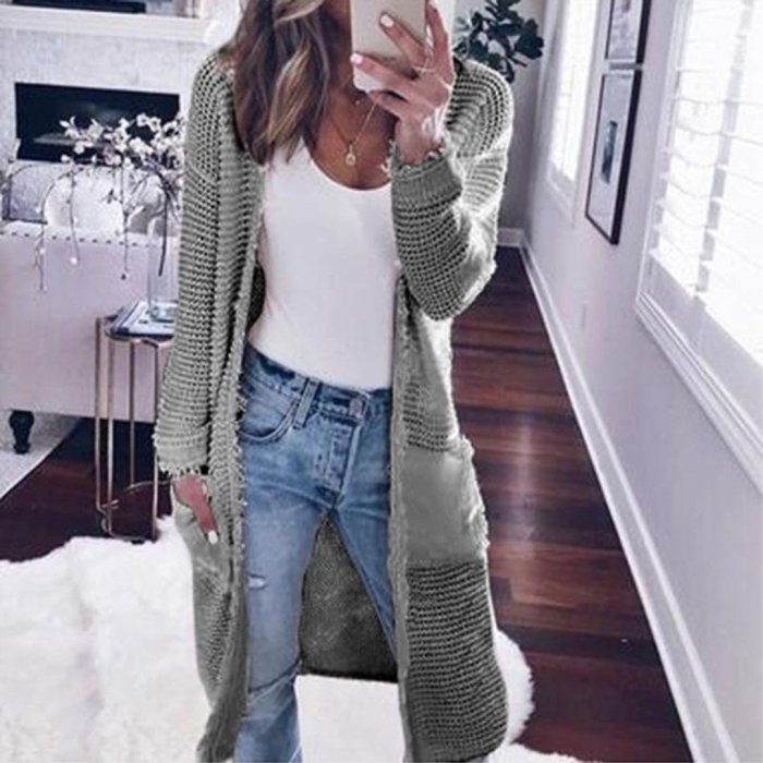 Casual Knitted Long Sleeve Plain Pocket Cardigans