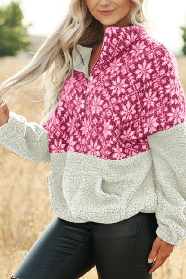 Christmas Snowflake Pullover Bend Collar Zipper Print Teddy Outerwear