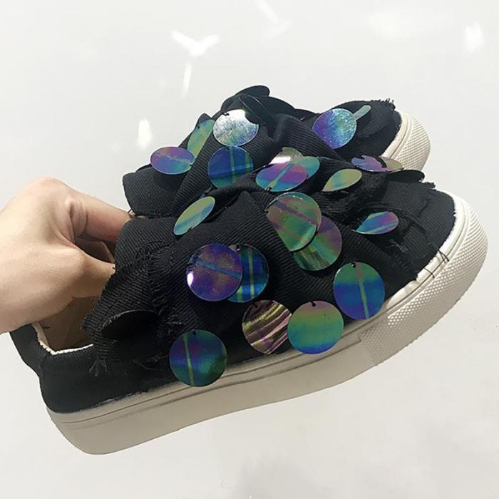Women Canvas Loafers Casual Sequin Slip On Shoes