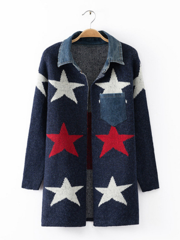 Star Wool Blend Patchwork Pockets Long Sleeve Cardigans