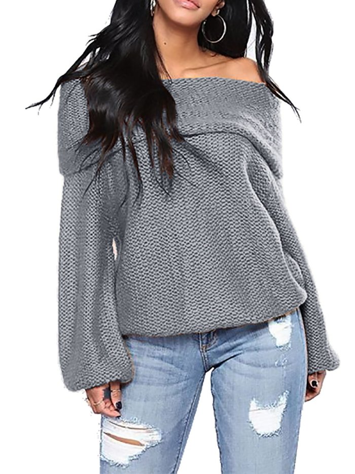 Balloon Sleeve Cold Shoulder Casual Knitted Sweater