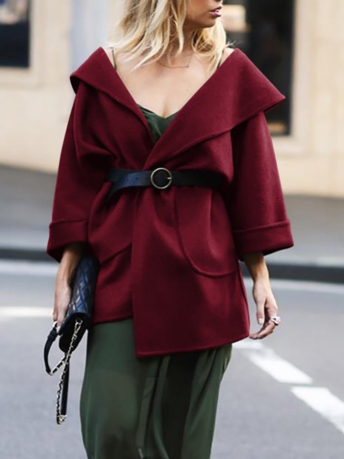 Solid Pockets Long Sleeve Shawl Collar Coats