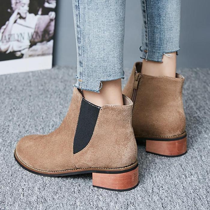 Women Flocking Booties Casual Comfort Zipper Chunky Heel Shoes