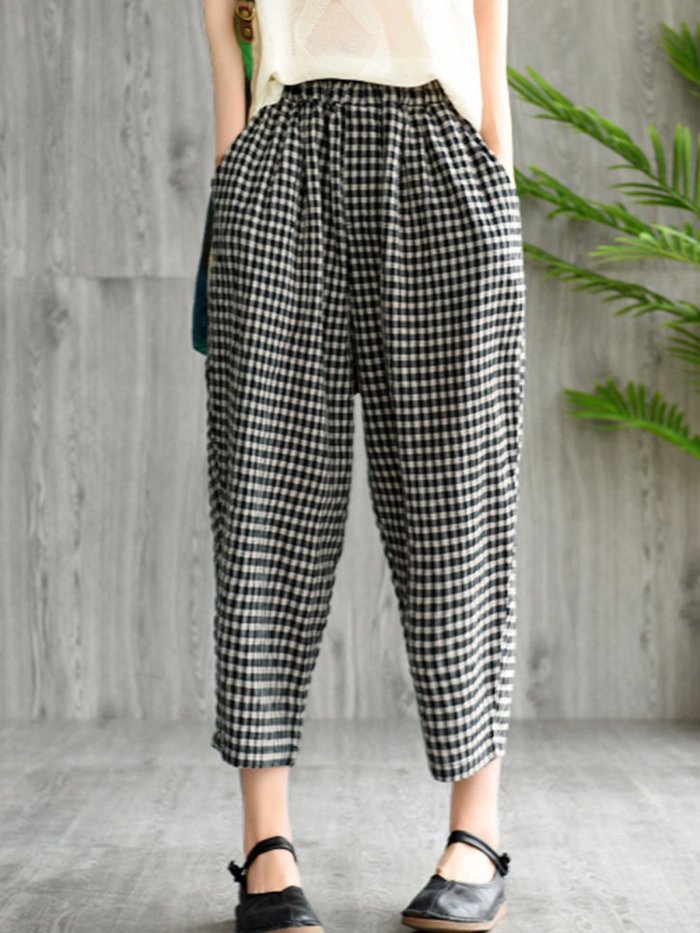Plaid Elastic Waist Vintage Harem Pants