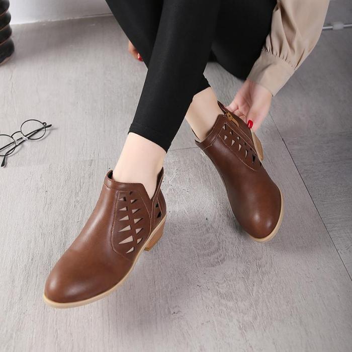 Women Spring Low Heel Booties Hollow-out Zipper Daily Shoes