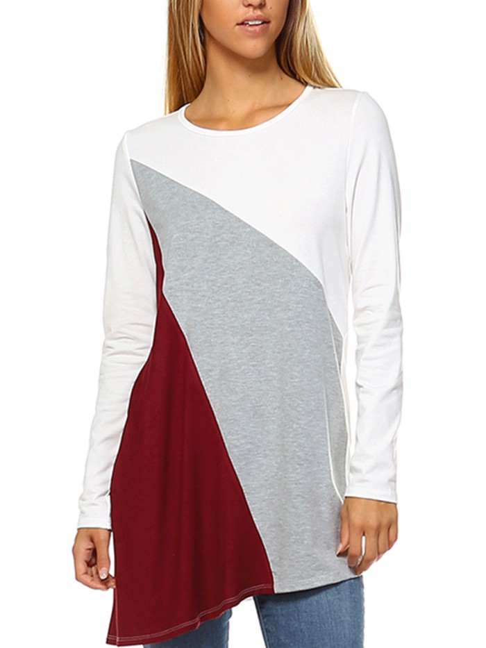 Color Block Plain Long Sleeve Cotton-Blend Blouse & Shirts