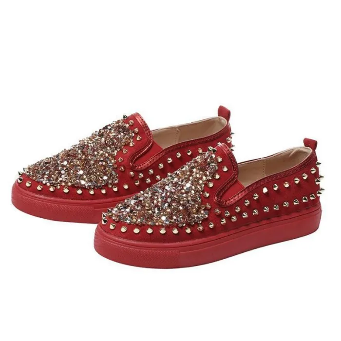 Red PU Spring/Fall Rhinestone Loafers