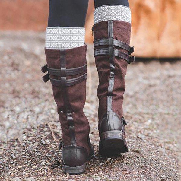 Vintage Lace Up Mid-calf Split Joint Boots Adjustable Buckle Low Heel Boots
