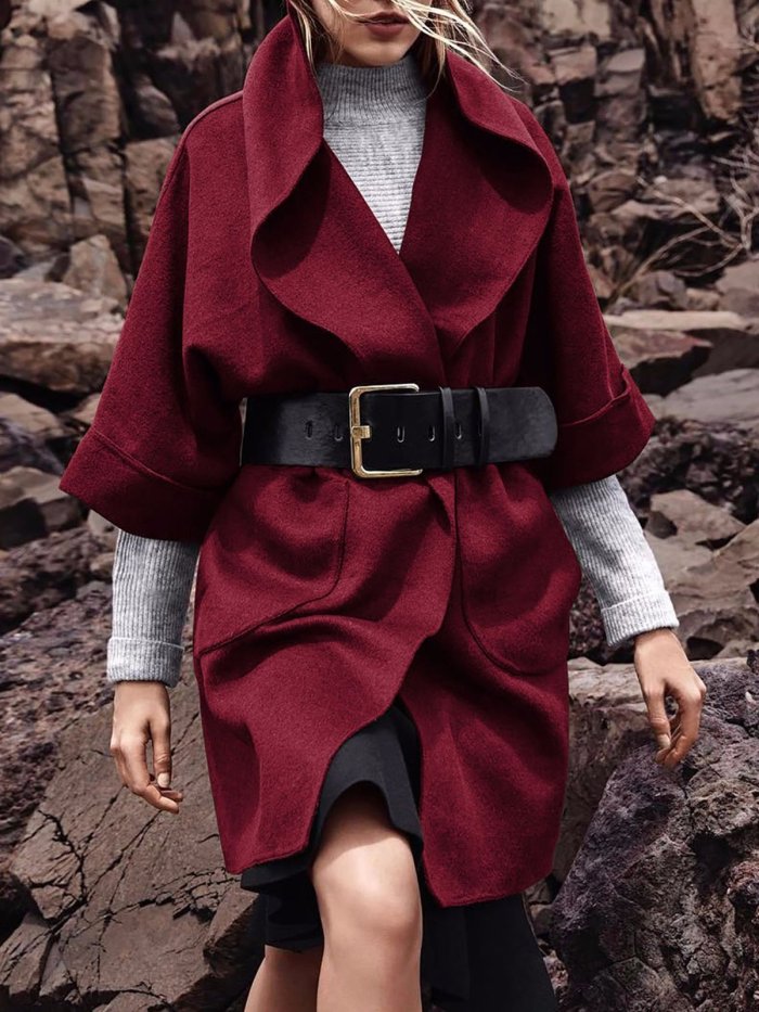Solid Pockets Long Sleeve Shawl Collar Coats