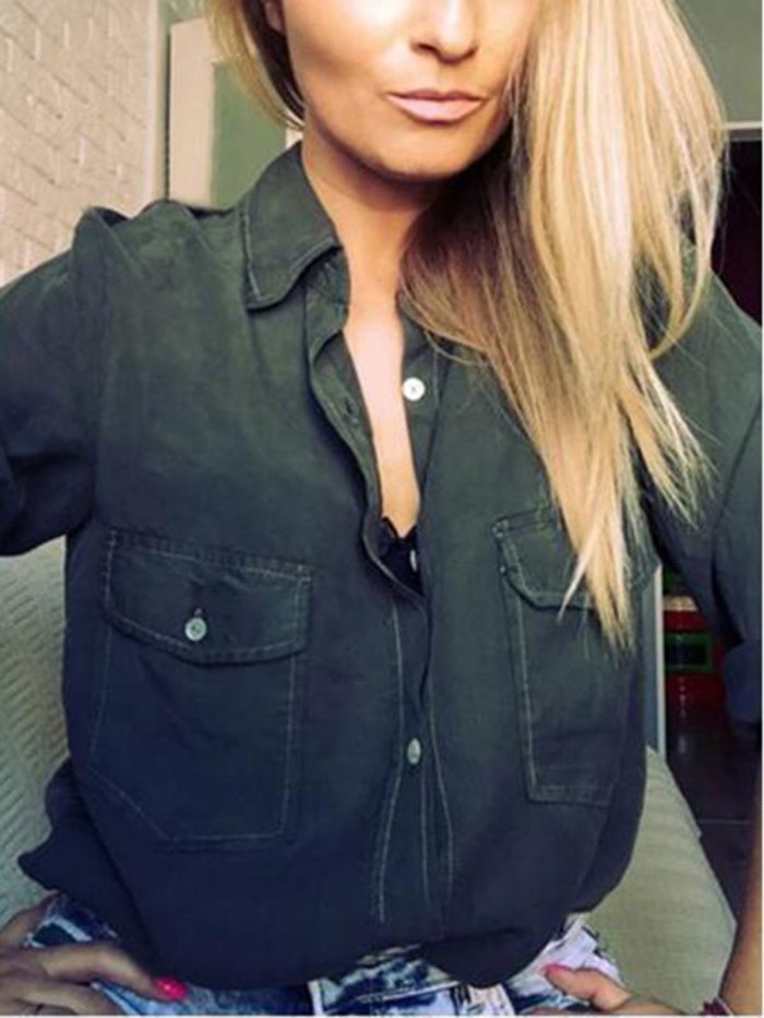 Army Green Cotton Long Sleeve Solid Blouse & Shirts