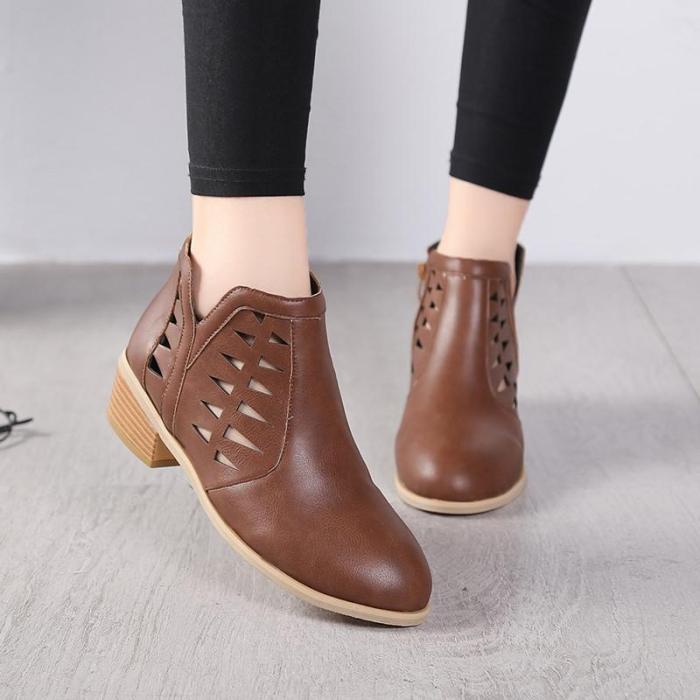 Women Spring Low Heel Booties Hollow-out Zipper Daily Shoes