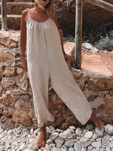 Casual Sleeveless Solid Crew Neck Jumpsuits