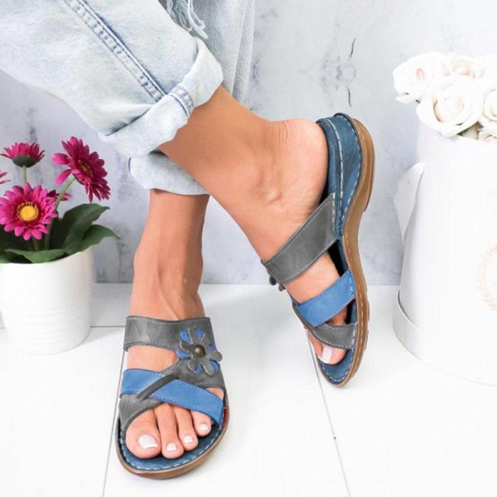 Women Flowers Summer Low Heel Pu Holiday Slippers