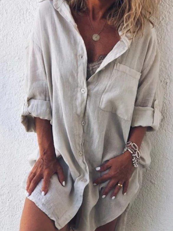 V Neck Buttoned Long Sleeve Blouses&shirts