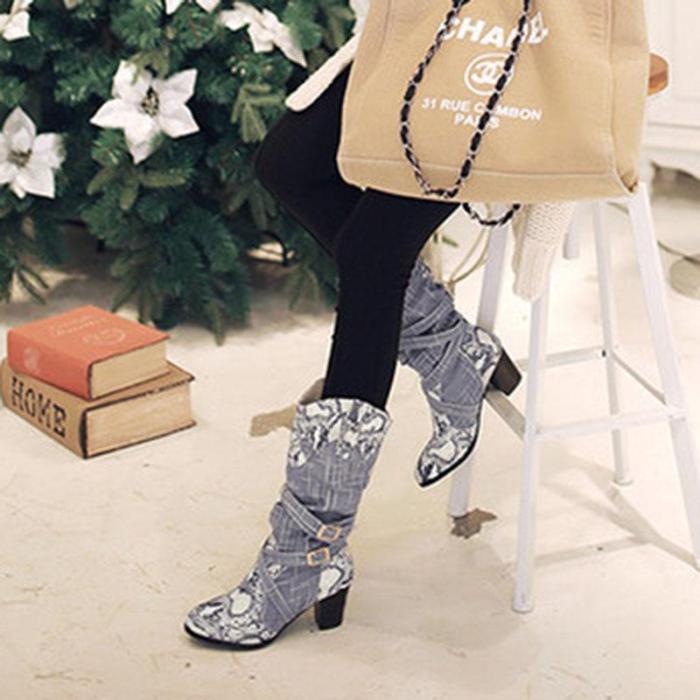 Women Snakeskin Pattern PU Chunky Heel Mid Calf Boots Artificial Leather Booties