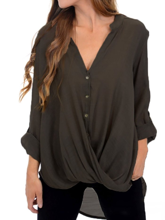 Casual Polyester V Neck Buttoned Blouse