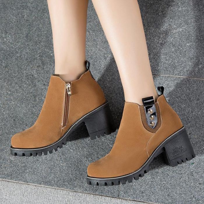 Women Spring Ankle Zipper Chunky Heel Suede Boots