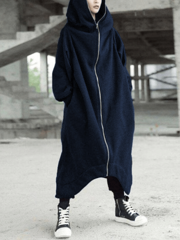 Hooded Long Sleeve Zip Irregular Long Coat
