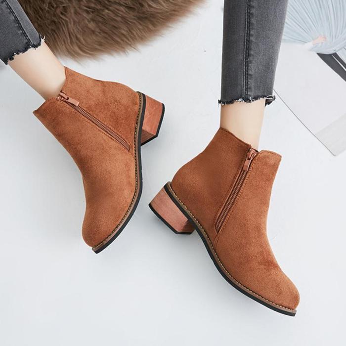 Women Flocking Booties Casual Comfort Zipper Chunky Heel Shoes