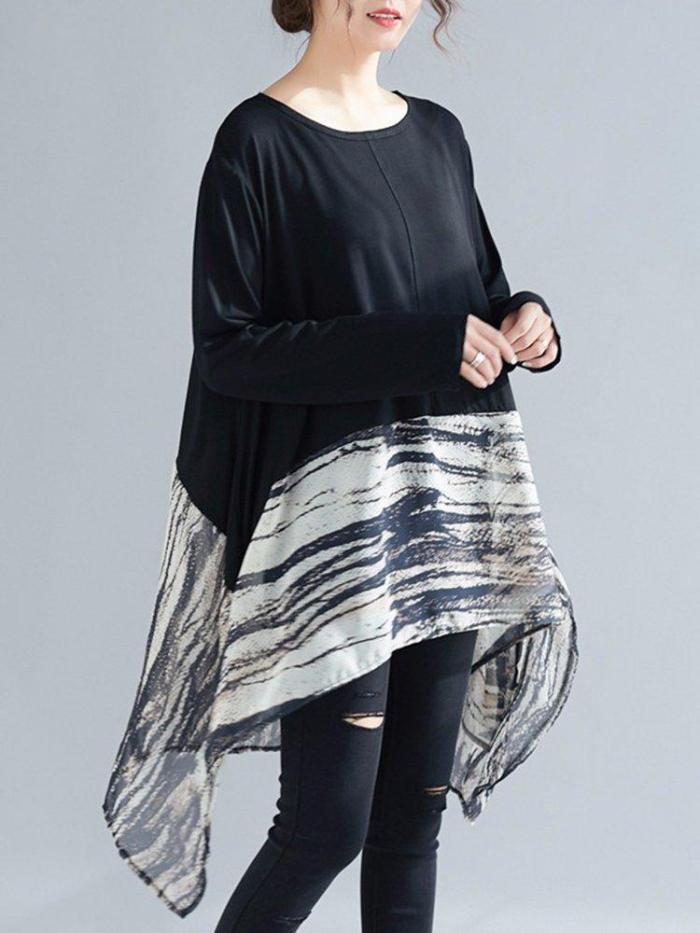 Patchwork Crew Neck Long Sleeve Loose Blouse