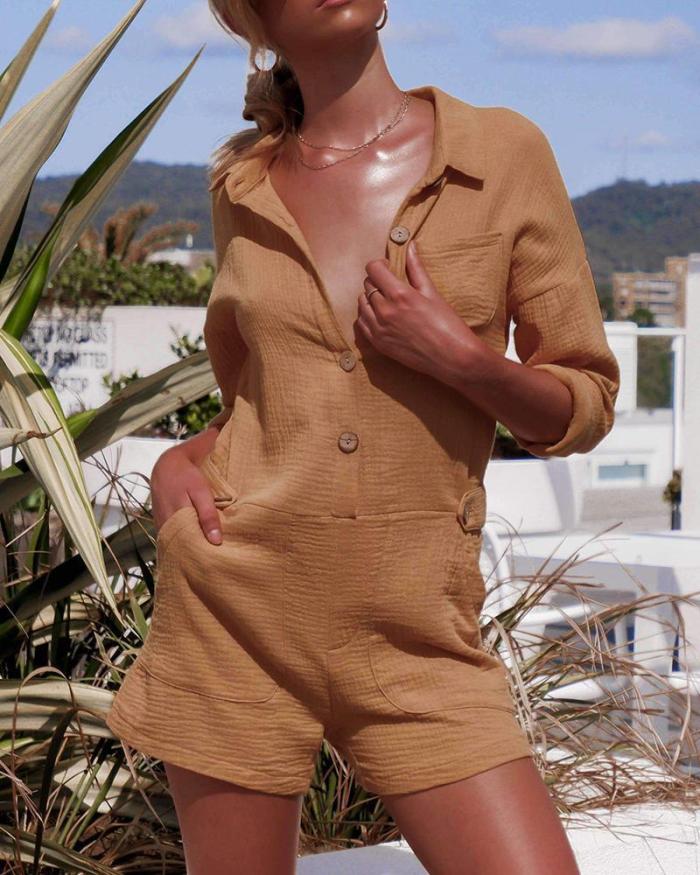 Pocket Button Linen Casual Jumpsuit
