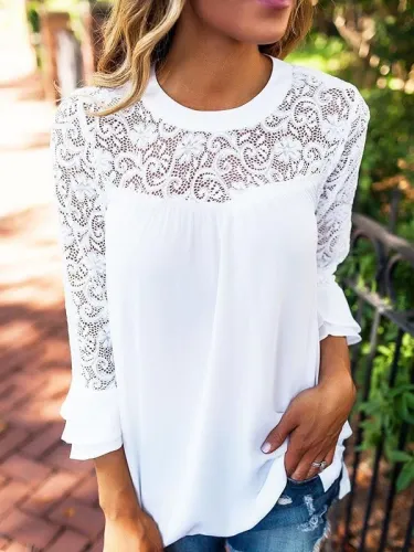 White Solid Crew Neck Laser Cut Casual Shirts &Blouse