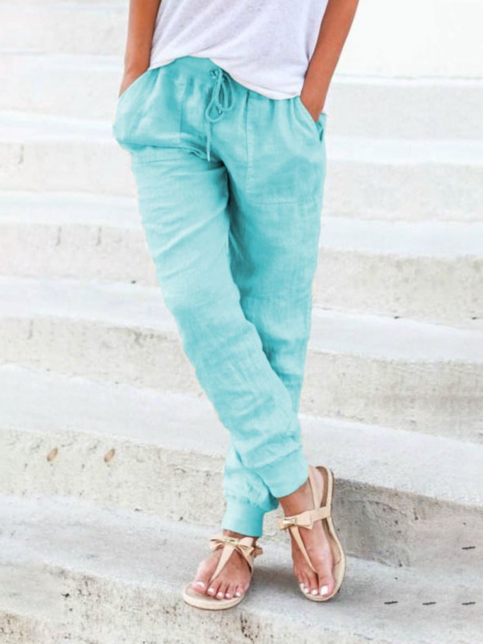 Solid Drastring Casual Linen Pants Women Trousers