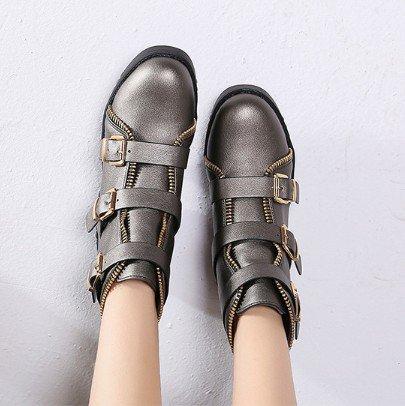 Gunmetal Zipper Daily Adjustable Buckle Spring/Fall Chunky Heel Boot