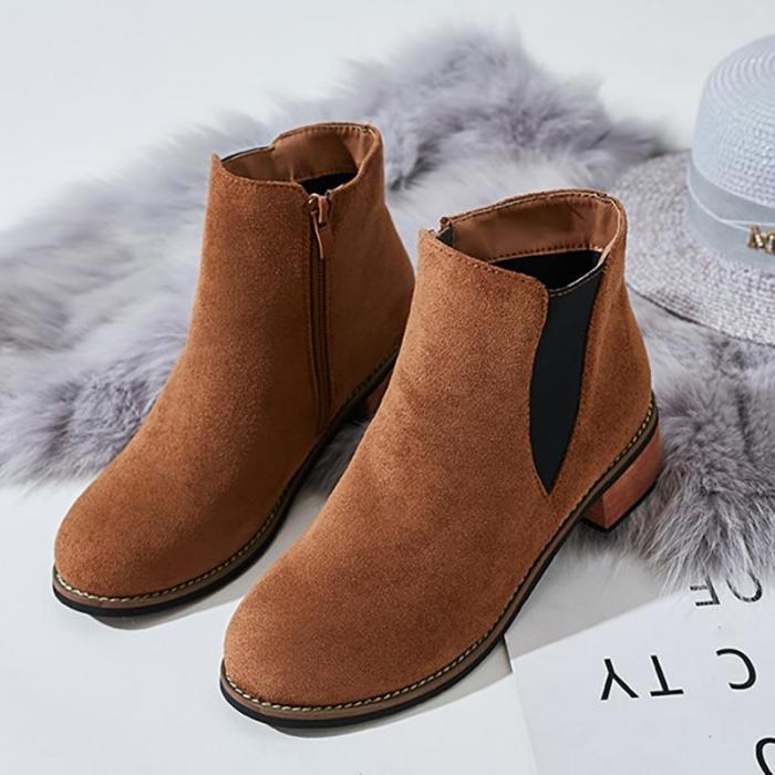 Women Flocking Booties Casual Comfort Zipper Chunky Heel Shoes