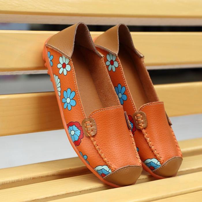 Large Size Floral Print Split Leather Casual Flats