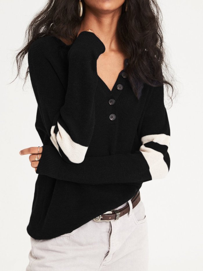 Solid V-Neck Casual Buttoned Sweatershirt