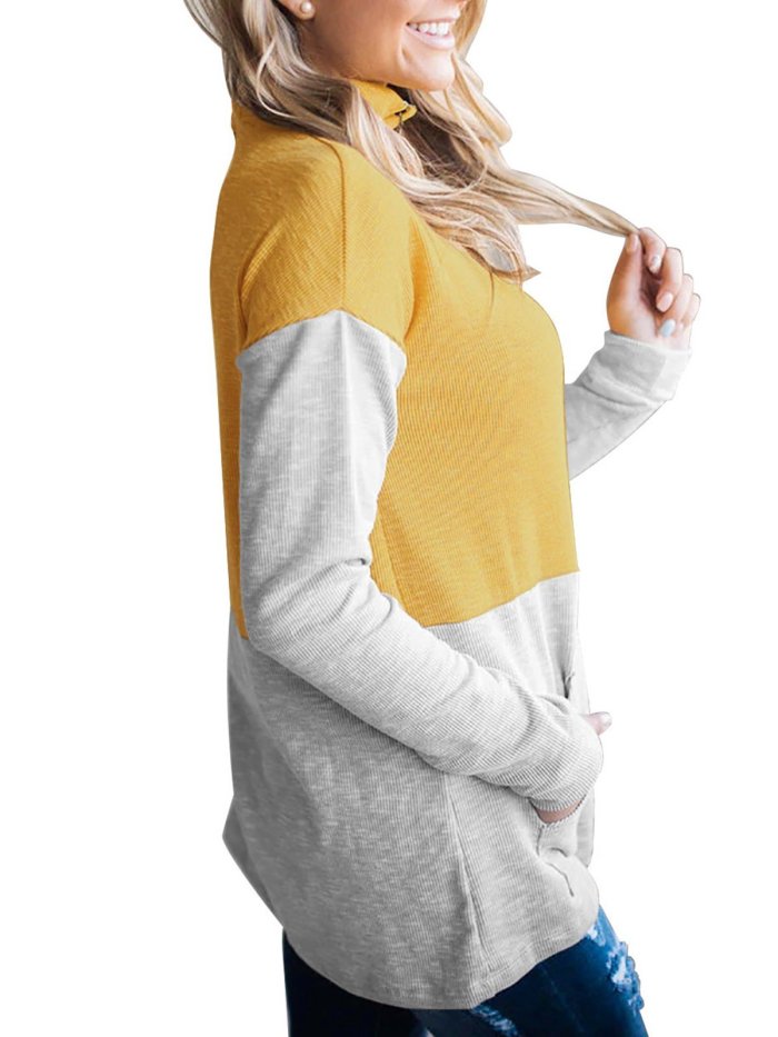 Stand-Up Neck Long Sleeve Solid Color-Block Sweatshirts